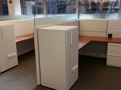 Knoll office furniture installation with frameless glass